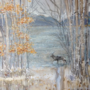 Autumn trees and the Stag walks forwardacrylic on canvas