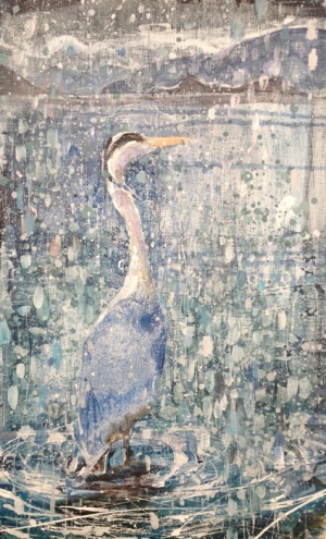 Heron stands still in the rainacrylic on canvas